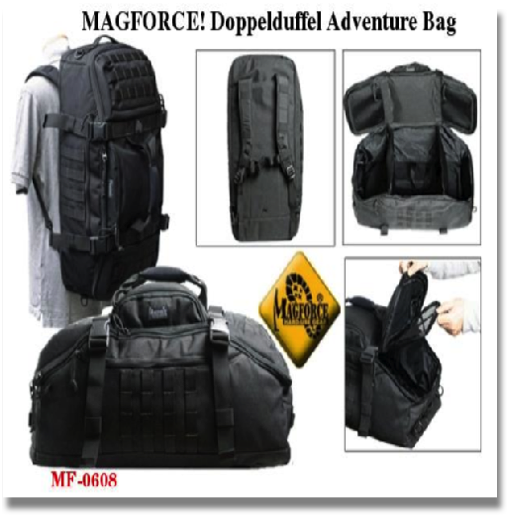MAGFORCE #0608 DOPPELDUFFEL ADVENTURE


available colors: 
BLACK, KHAKI & FOLIAGE GREEN
The DOPPELDUFFEL™ Adventure Bag is a unique large travel bag that may be carried by hand, shoulder strap in 2 orientations, or with hide-away integral backpack straps.
