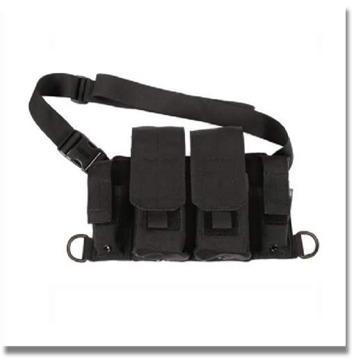 BLACKHAWK RIFLE BANDOLEER

Shoulder (cross-torso) carried bandoleer, Two M4/M16 adjustable flap mag pouches with silencing dividers in center, Adjustable flap pistol mag pouches on either side, Padded back panel for comfort, Back of panel has two belt keepers that secures around a belt by snap fasteners, Quick release buckle for rapid removal