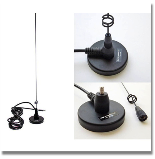 DIAMOND MR77 DUALBAND
MOBILE ANTENNA

Magnet mount/antenna combination. 
Specifications: 
Bands: 2m/70cm
Gain dBi: 2.15 / 3.4
Watts: 70
Height: 20"
Mount: 2.6" Magnet
Element Phasing: 1-1/4l, 1-5/8l
